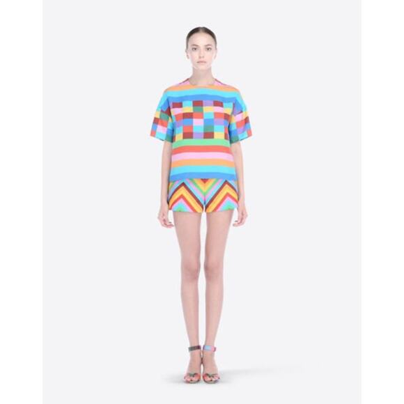 Valentino 1973 Check Panama Silk Top Rainbow Blouse Multicolor Stripe - Picture 1 of 12